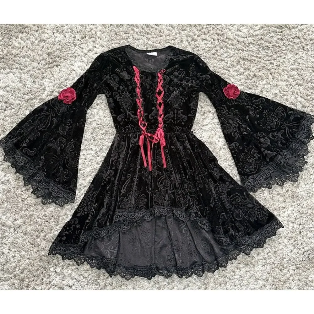 Gothic Velvet Lace Bell Sleeve Dress Girls S Black Witchy Renaissance Costume